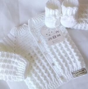 White Knitted Baby Cardigan and Booties Set